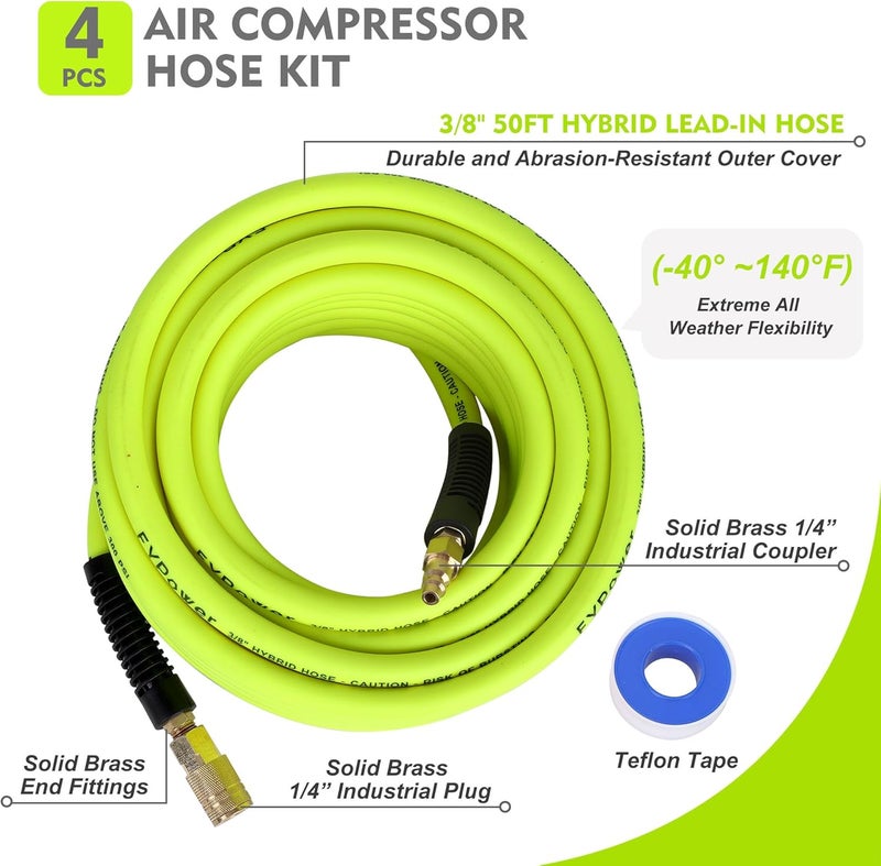 FYPower Air Compressor Hose 3/8 Inch x 50 Feet Hybrid Hose with Fittings, Flexible and Kink Resistant, 1/4" Industrial Quick Coupler and Plug Kit - Green - Image 2